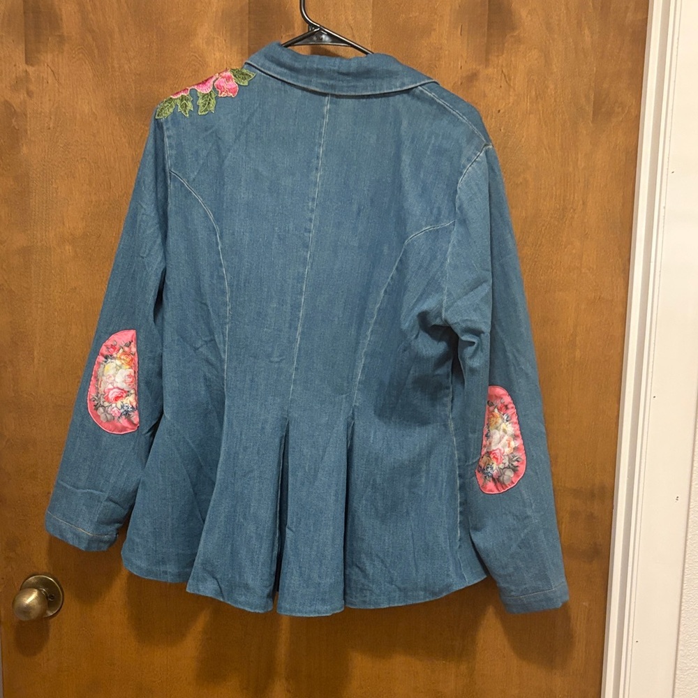 74. Aratta Blue Denim Blazer with Pink Floral Embroidery - Picture 2 of 2
